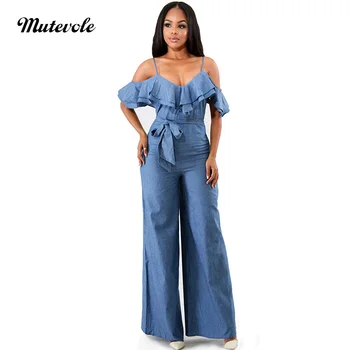 

Mutevole Wide Leg Denim Jumpsuit Women Spaghetti Strap Ruffles Jumpsuit Romper Summer Off Shoulder Sleeveless Casual Jumpsuit