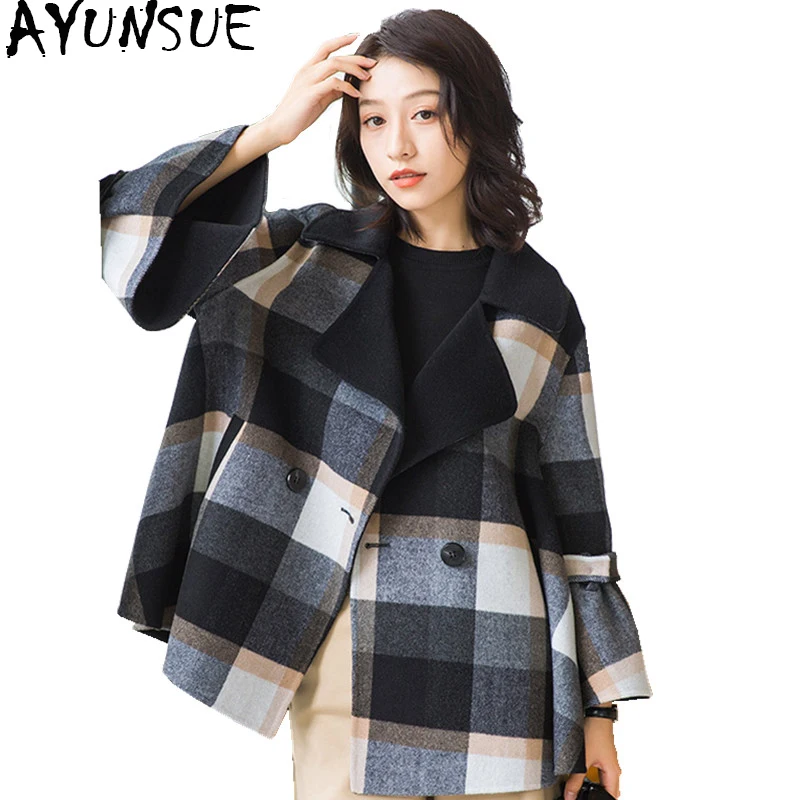 AYUNSUE England Style Plaid Wool Jacket Spring 2019 Fashion Women Cloak
