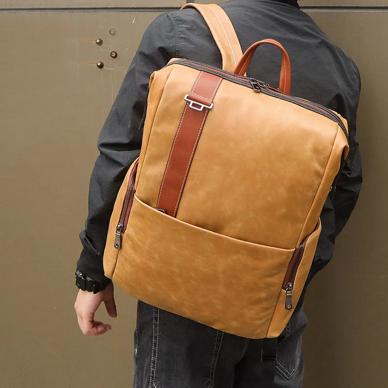 

Nesitu High Quality New Vintage Brown Genuine Leather 14'' 15.6'' 17'' Laptop Women Men Backpacks Male Travel Bags M7260