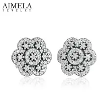 AIMELA 2016 Nuevo Invierno Navidad Pendientes Flor Con Clear Cubic Zircon 925 Pendientes de Plata Para Las Mujeres Accesorios