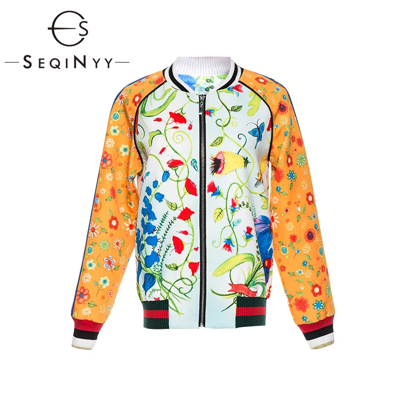 

SEQINYY Short Jacket 2020 Autumn Spring New Fashion Design Long Sleeve Flowers Printed Orange Baseball Top Women