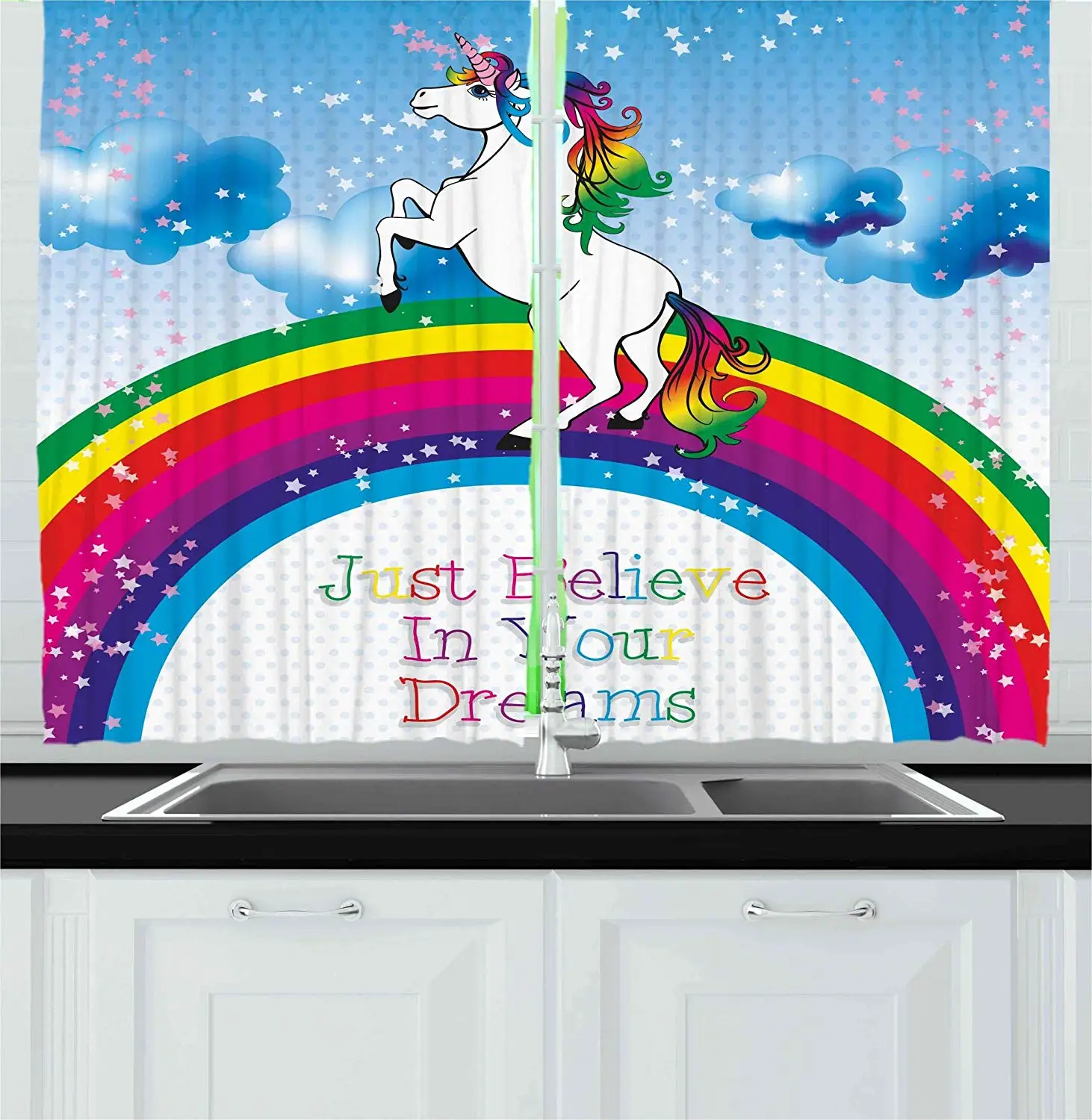 

Kids Curtains Unicorn Surreal Myth Creature Before Rainbow Clouds Star Fantasy Girls Fairytale Image Window Drapes for Bedroom