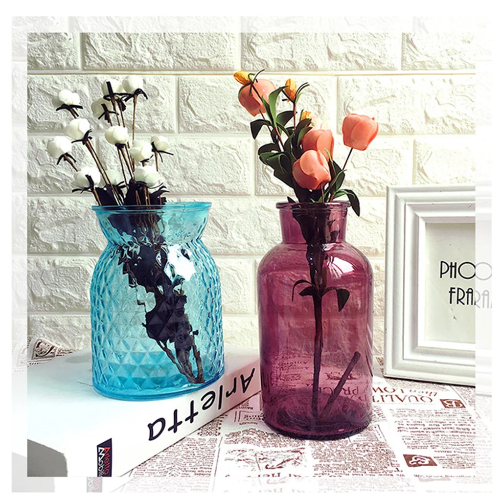 Colorful Glass Dried Flower Vase Hydroponic Container Bottle for Home Room Table Decor Office Shop Cafe Club Ornament