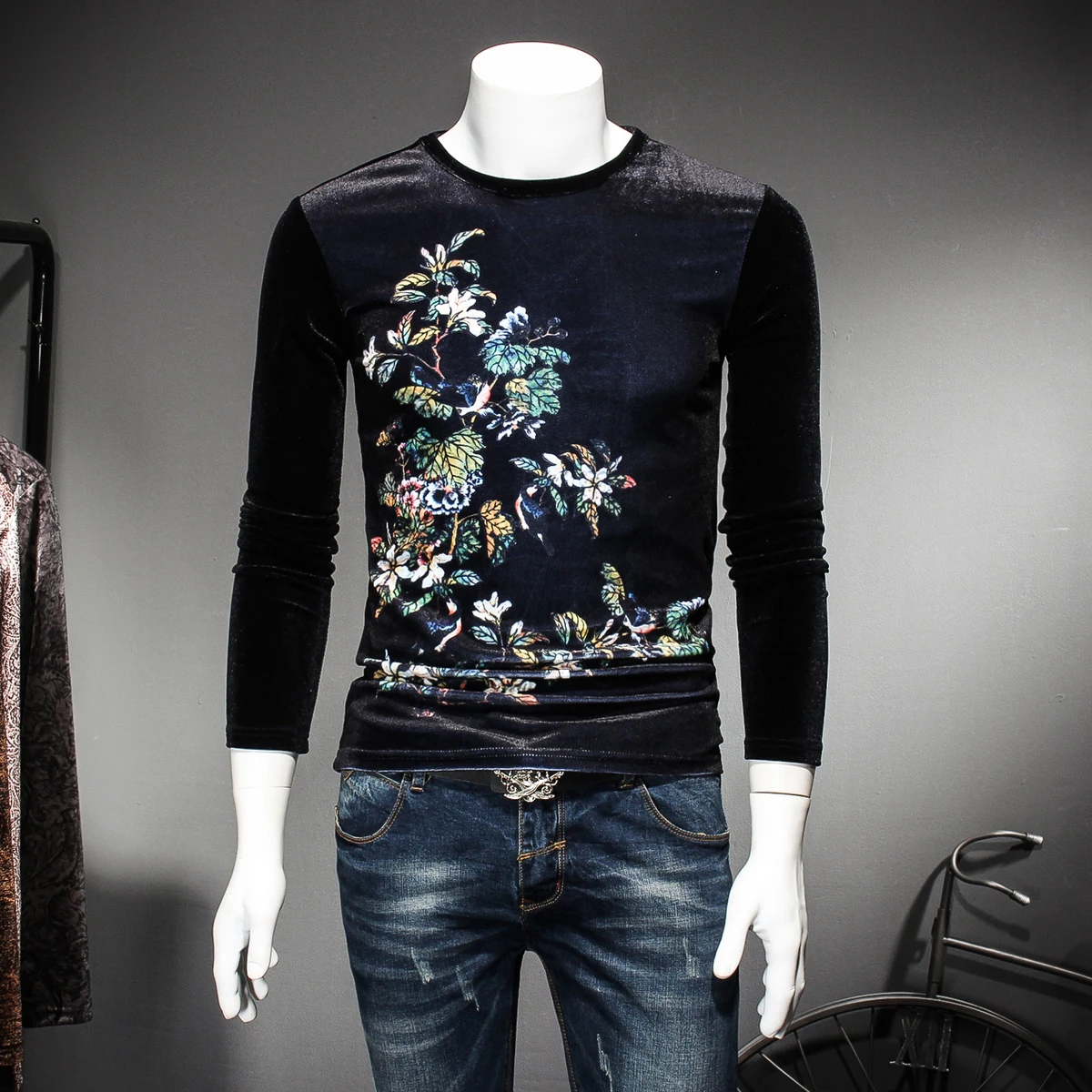 Buy Flower Velvet T Shirt Homme Club Outfit Velvet T