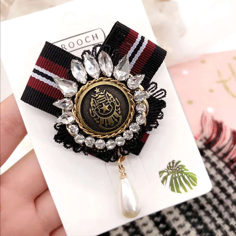 British Style Retro Ribbon Bowknot Zircon Badge Pearl Pendant Women