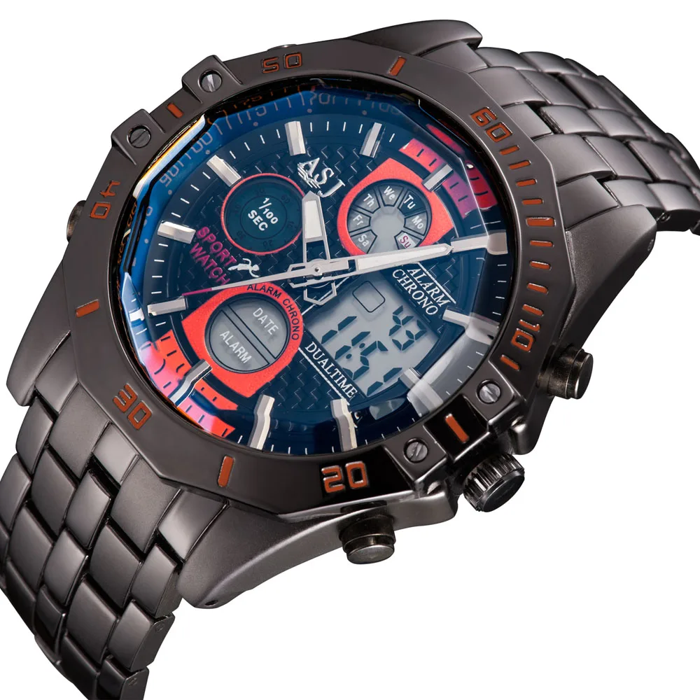 

2016 Fashion ASJ 50M Waterproof Men Sport LED Analog Digital Multi-Function Auto Date Electronic Quartz Steel Band Wrist Watches