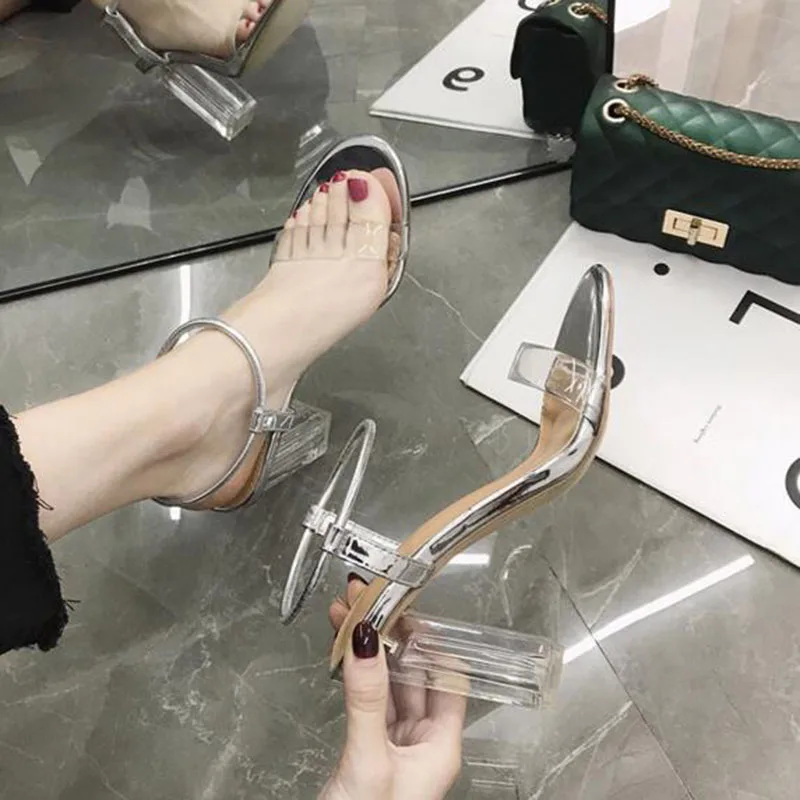 

Sexy Women Fashion Square High Heels Sandals Ankle Strap Buckle Open Toe Breathable Plastic Heels Non-slip Sandals Shoes