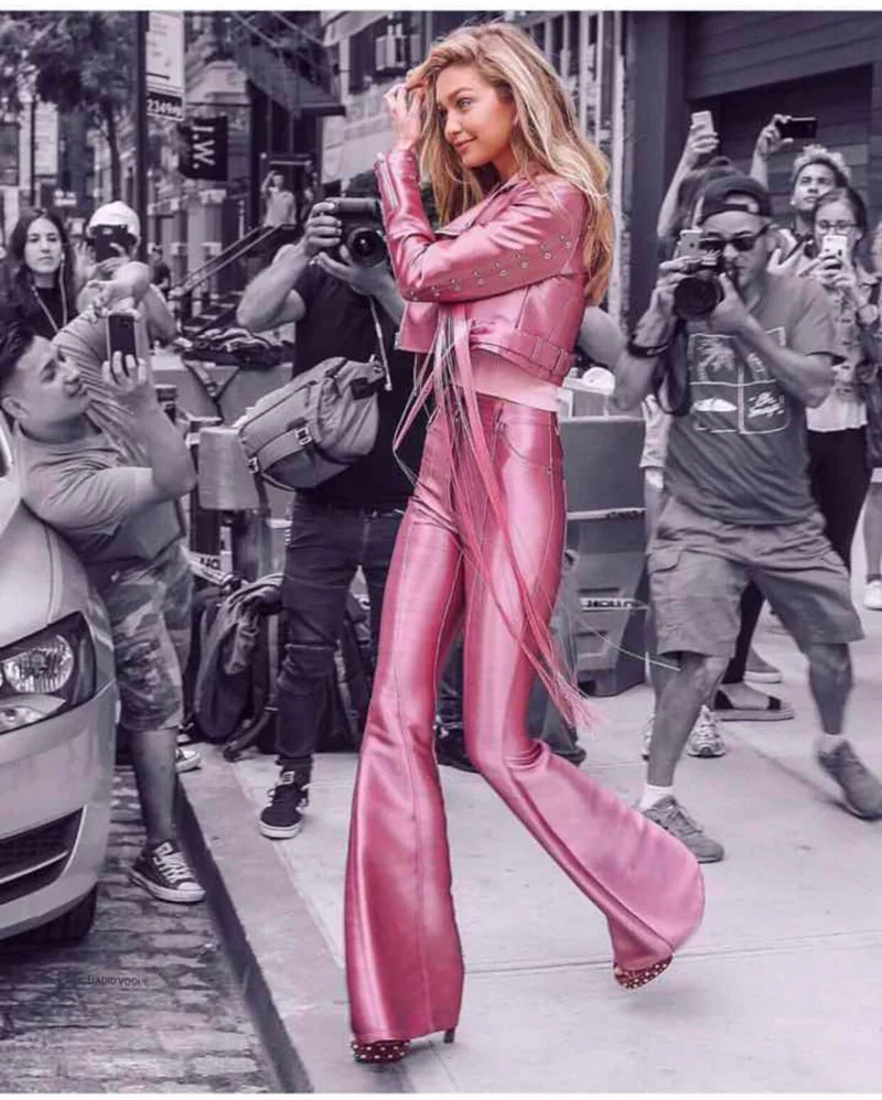 pink leather jumpsuit