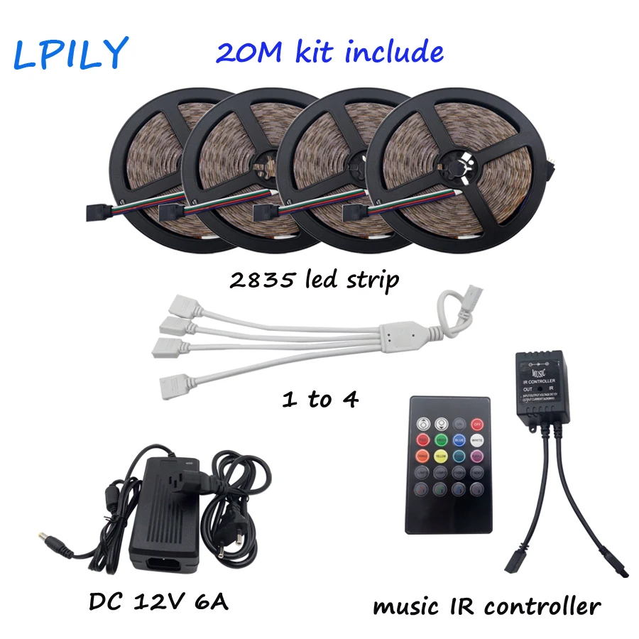 

IPILY 20M LED rgb flexible strip with music remote controller 2835 RGB LED strip for decoration DC 12V 6A Adapter led rgb tape