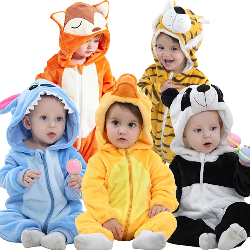 

Baby Rompers for Boys Girls Cartoon Flannel Pajamas Kigurumi tiger Unicorn Animal Newborn Rompers Stitch Toddler Baby's Sets