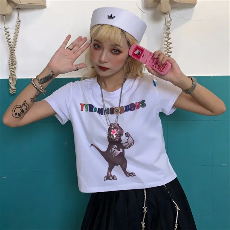 

Lychee Harajuku Short Sleeve Women T-Shirts Loose Summer Women T-shirt Colorful Letter Boxing Dinosaur Print Lady Crop Top