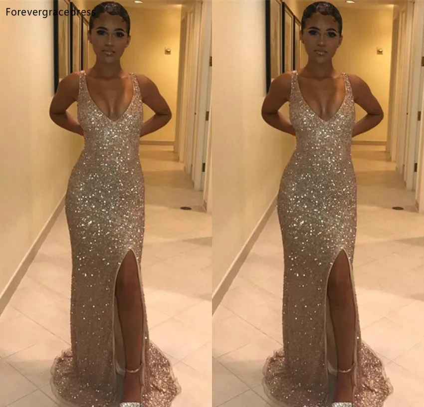 Gorgeous Gold Sequin Evening Dresses Sexy Mermaid V Neck Black Girls Prom Gowns With Front Split Long Women Occasion Dress BC1027  119 (4)