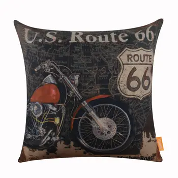 

LINKWELL 45x45cm Retro Black World Map and Motorcycle Route 66 Sign Logo The Mother Road Burlap Pillowcase Burlap Cushion Cover