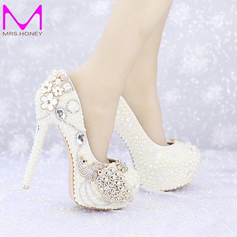 

2016 Custom Made New Ivory Pearl Wedding Shoes Round Toe Platforms Phoenix Rhinestone Bridal Dress Shoes Banquet Prom Pumps