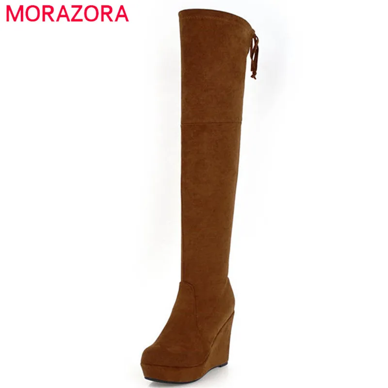 

MORAZORA 2020 top quality cow suede leather over the knee boots women round toe slip on wedges shoes woman fashion autumn boots