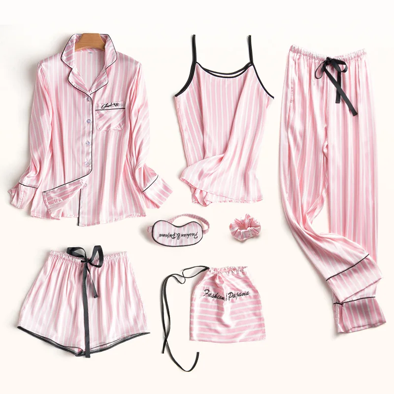 

2018 New Satin Striped Pajamas for Women Elegant 7pcs Sleepwear Female Sexy Lingerie Silk Casual Pajamas Set Shorts Pijama Sets