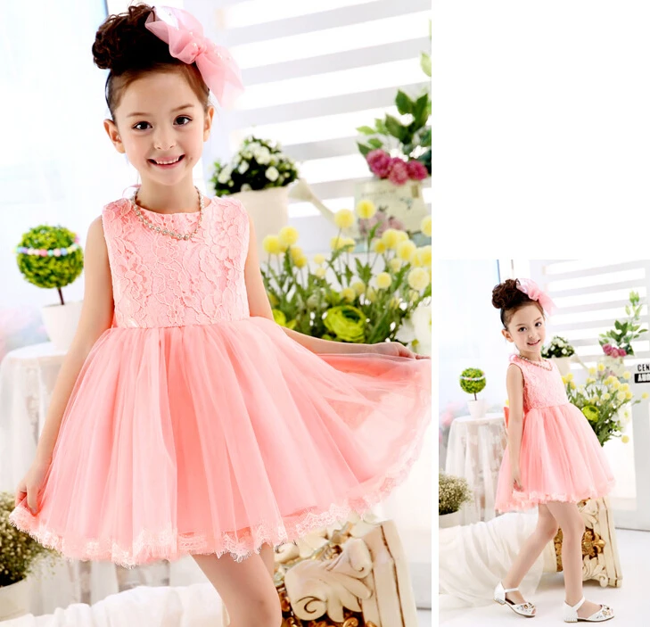 Elegant Girl Dress Girls 2017 Fashion Girl Pink Lace Big Bow Party
