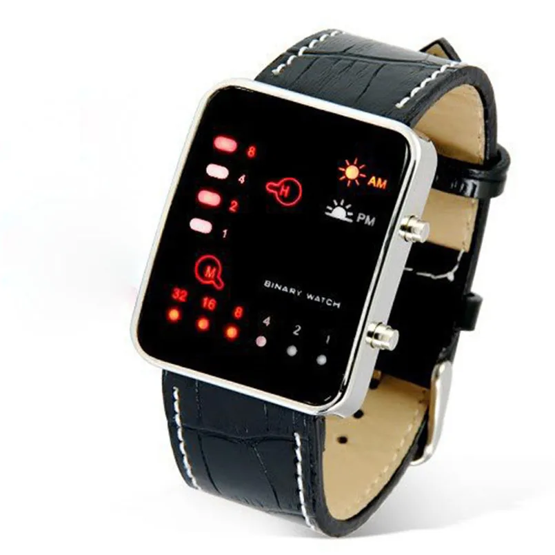 

relojes para hombre Digital Red LED Sport Wrist Watch Binary Wristwatch PU Leather Women Mens montre homme sport 2018 digitale