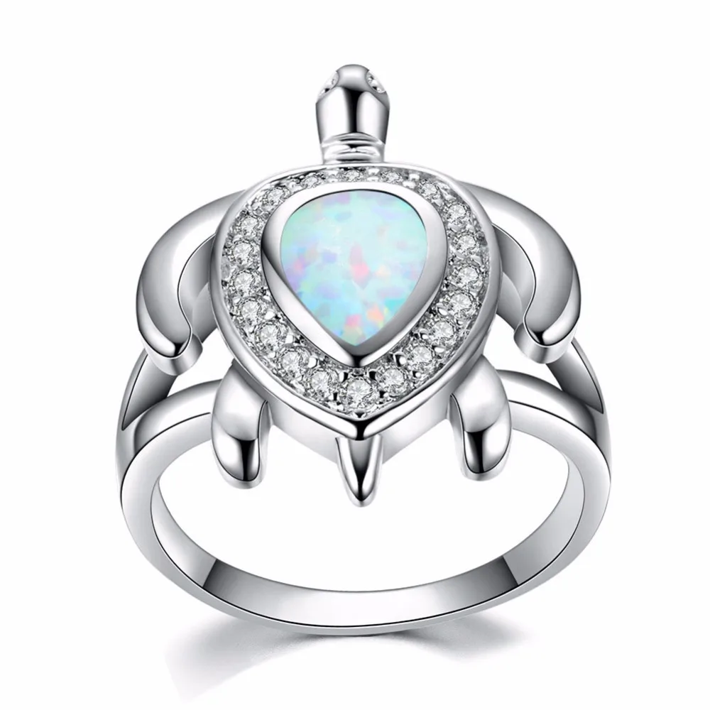 

925 Sterling Silver Luxury Crystal Rings Blue/White Fire Opal Turtle Rings For Women