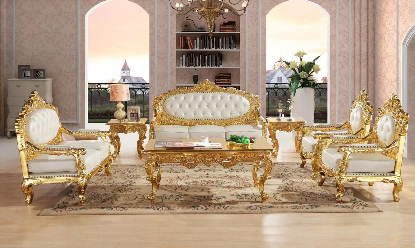 Us 2339 0 Royal Antique Gold Gliding Carved Leather Sofa Set Living Room Sectional Baroque In Sofas From Furniture On