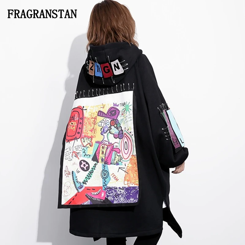 

Autumn Winter Female Fashion Thicken Keep Warm Hooded Trench Coat Women New Letter Cartoon Pattern Patch Designs Vestidos JQ180