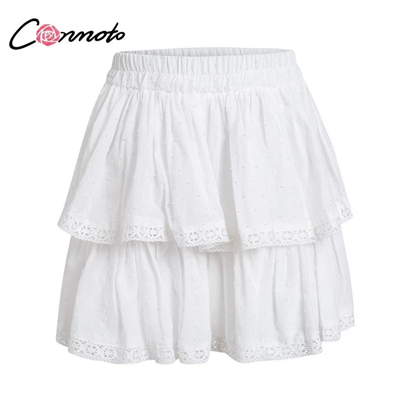 ConmotoБелая кружевная юбка в воланами, короткая повседневная юбка, модная юбка в горошек, юбка для вечеринок, лето - Цвет: Белый