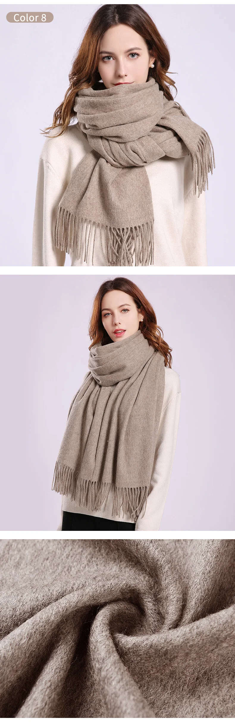 Зимний женский шарф из овечьей шерсти, утолщенный кашемировый Одноцветный шарф из пашмины, шали и палантины для девушек, теплые шерстяные шарфы