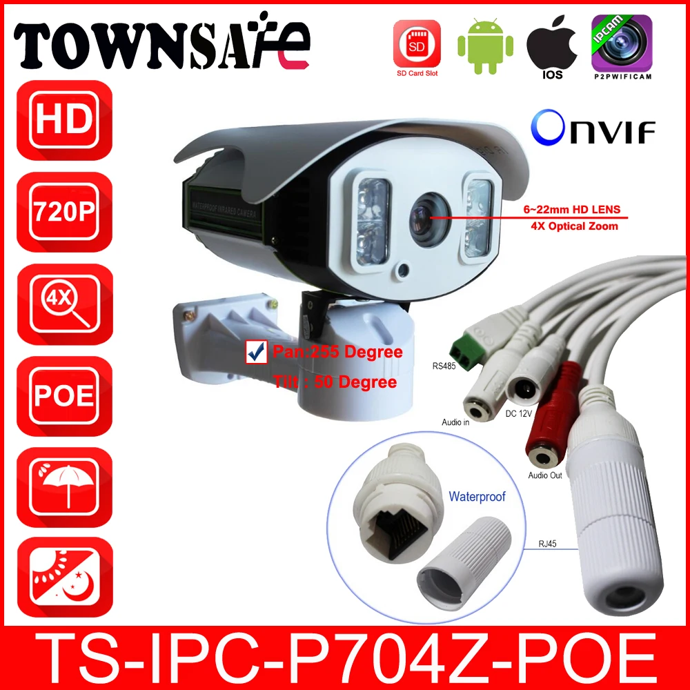 

TOWNSAFE new TS-IPC-P704Z-POE HD 720P Bullet IP Camera 4X Optical Zoom Lens Pan/Tilt ONVIF PTZ IP66 with POE SD Card Slot P2P