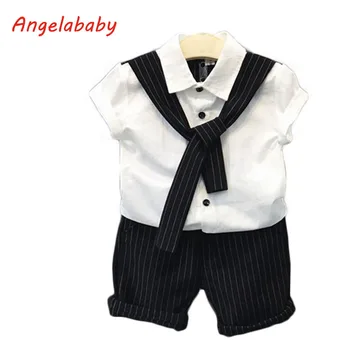 

2019 Boys Clothing Set SummerCollege Wind Tie Pure Color Single-Breasted Blouse + Casual Striped Shorts Kids Clothes Suit