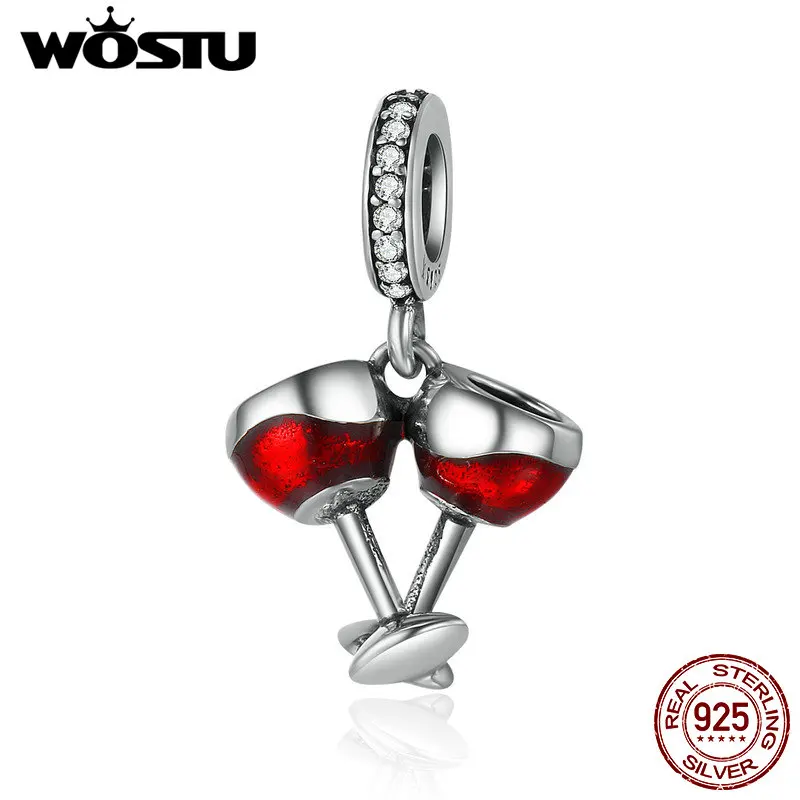 

WOSTU Real 925 Sterling Silver Cheers for Love Couple Beer Pendant Charm Fit DIY Bracelet Jewelry Valentine Day Gift FIC478
