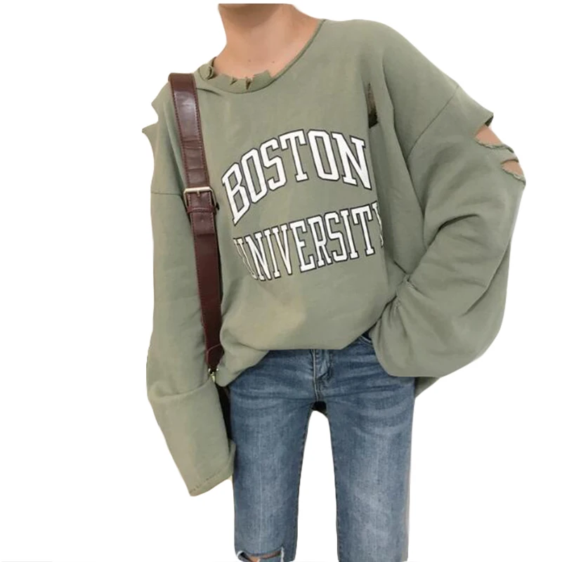 

SexeMara New Stylish Chiic Street Style Long Sleeve Vintage Letters Baggy Oversized Hole Sweatshirt Pullover Top