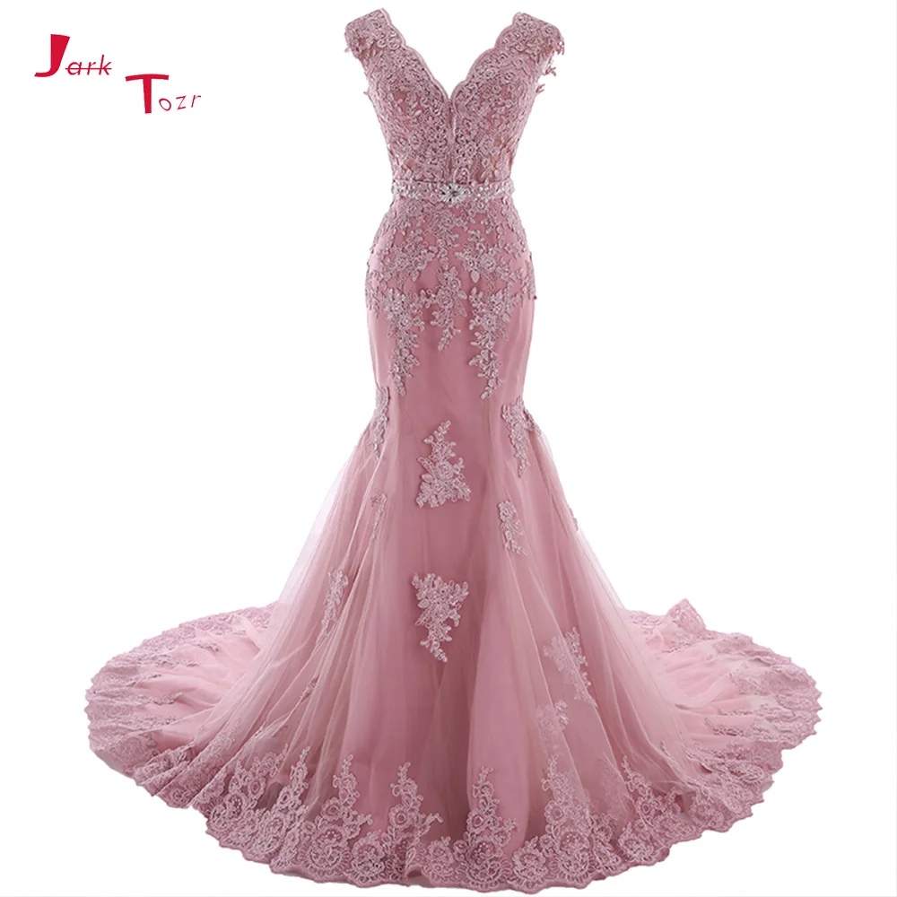 

Jark Tozr 2019 New Arrive V-neck Lace Up Appliques Beading Crystal Sequins Pink Mermaid Wedding Dress Vestido Noiva Sereia