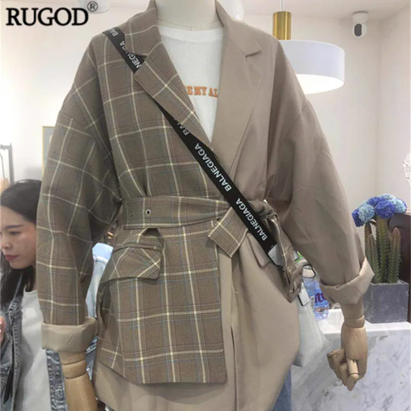 RUGOD 2019 элегантный клетчатый блейзер с поясом корейская мода пэчворк офисный
