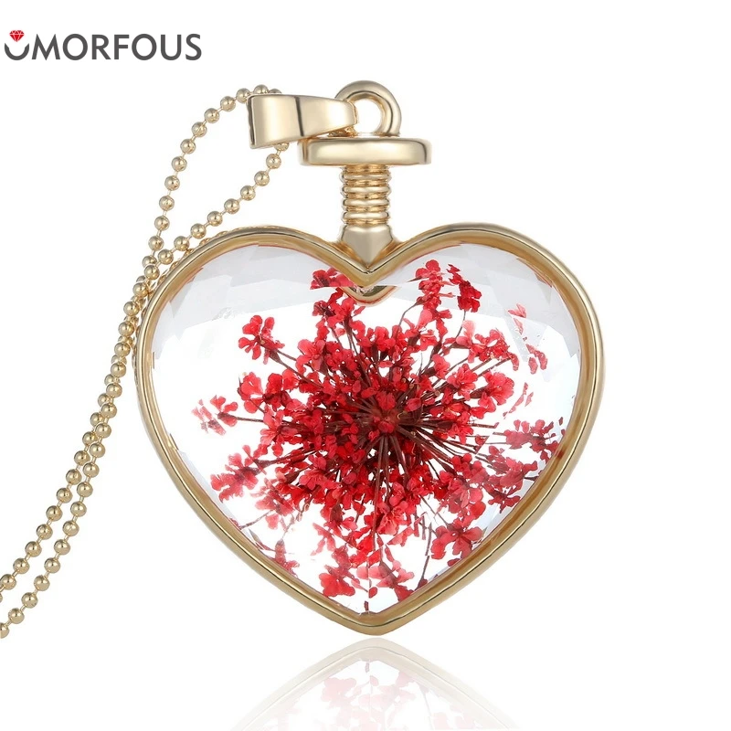10PCS/Lot  Natural Glass Real Red Dried Flower Plant Heart Pendant Best Friend Necklace Locket Charm for Women Wholesale