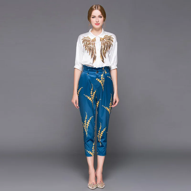 

High quality 2019 autumn outfit stylist women lapel sequins embroidered shirts printed + 7 minutes of pants style 2 piece sets