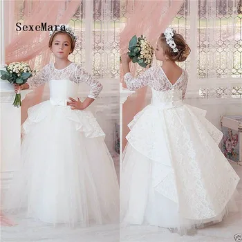 

New Girls First Communion Dress Party Prom Princess Pageant Gown Lace A Line Three Quarter Sleeves Flower Girl Dress for Wedding