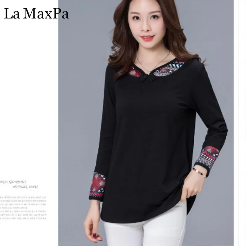 

La MaxPa Long Sleeve Stitching Shirt Women Tops 2019 Vintage Ethnic Style Women Blouses Casual 4XL Plus Size Blouse Blusa Mujer