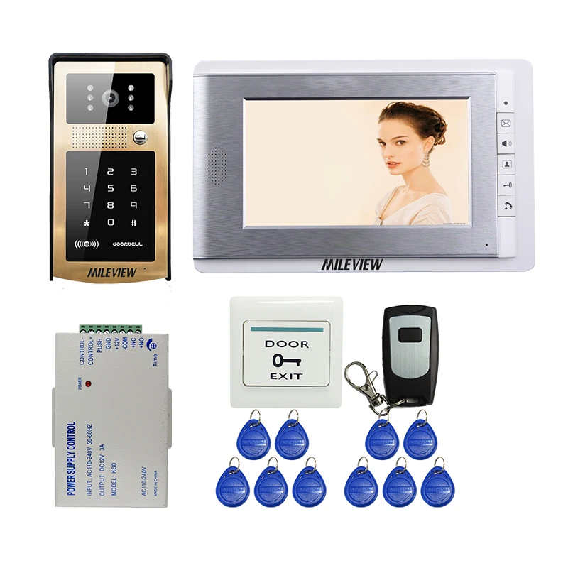 

FREE SHIPPING NEW 7" Color Screen Video Door Phone Intercom System Golden Metal Outdoor RFID Code Keypad Doorbell Unlock Camera