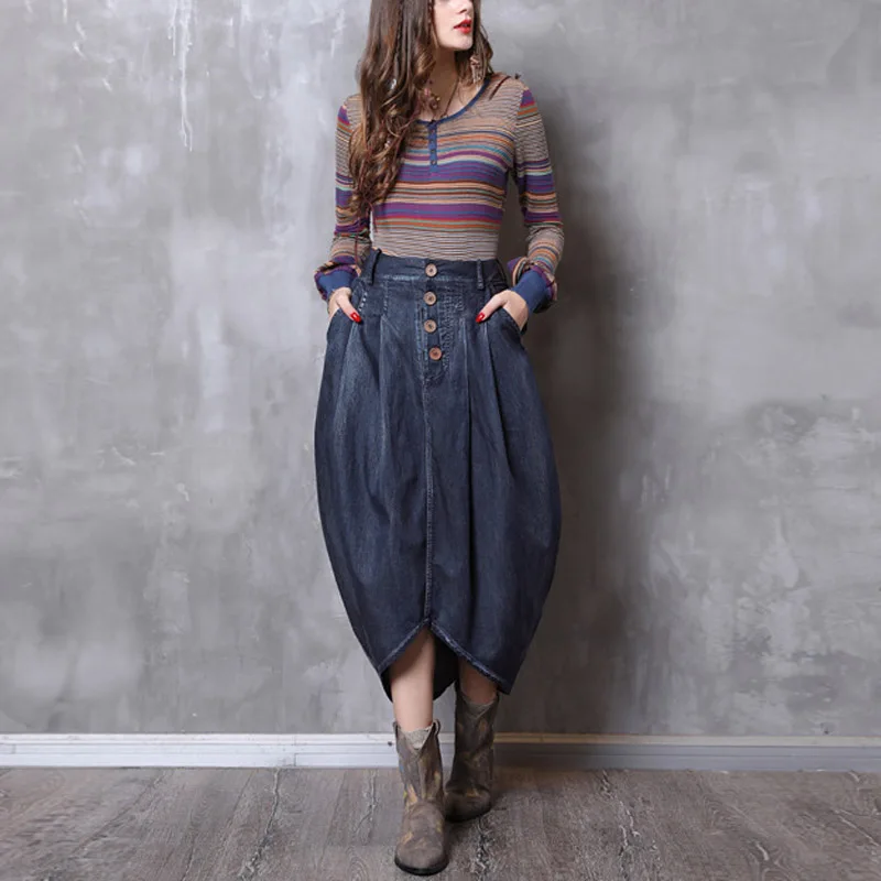 2018 Модные Ретро винтажные уличные повседневные асимметричные складки бутон карандаш обертывание женские джинсы длинные женские юбки