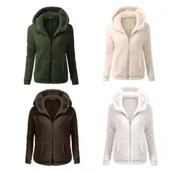 Зимнее мягкое флисовое Женское пальто 2019 однотонное плотное осеннее теплая куртка с капюшоном пальто на молнии Женская модная верхняя
