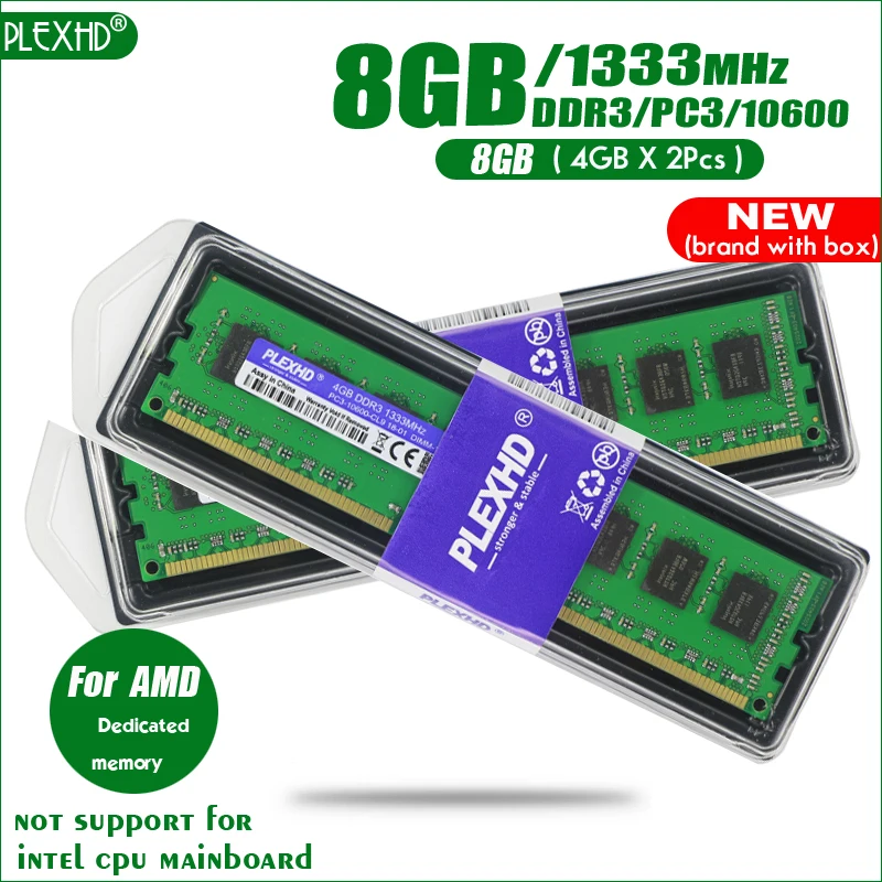 PLEXHD 8 Гб(2 шт x4гб) 8 ГБ DDR3 PC3-10600 1333 МГц PC3 10600 для настольных ПК DIMM память ram 240 контакты для AMD совместимы с системой