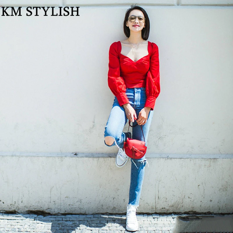 2018 Autumn Star Street Shooting Women Set Slim Waist Red V-neck Puff Sleeve Long Sleeve Cotton Top + Casual Shredded Jeans Women's Sets