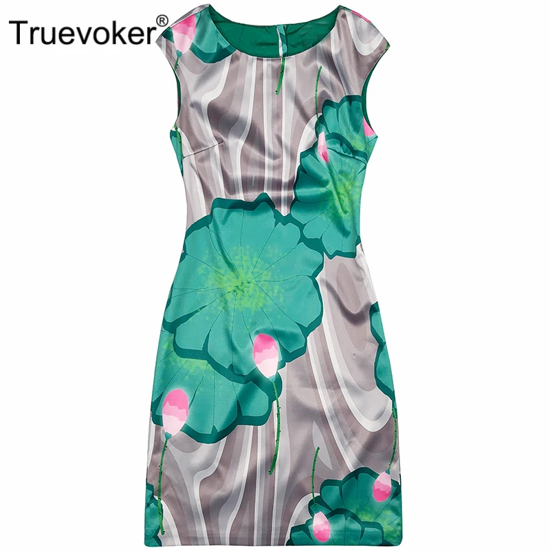 

Truevoker Designer Vestidoes Women's High End Sleeveless Lotus Floral Printed Noble Green Pencil Dress Plus Size Robe Femme Eto