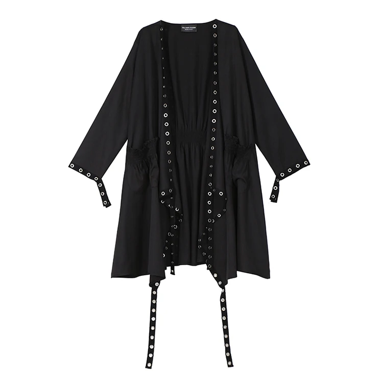 2019 Korean Style Women Very Long Solid Black Jacket Open Design Long Tape Stitched Metal Holes Female Stylish Loose Jacket 3843