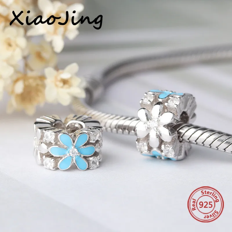 

New arrival 925 Sterling Silver charms flower Beads with blue enamel Fit original European Bracelet diy bead Jewelry making Gift