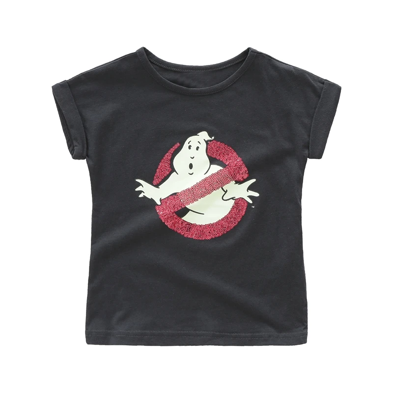 

2018 girls summer Ghostbusters cotton black t shirt kids tops children Casual clothes with sequins print T-shirt for toddler