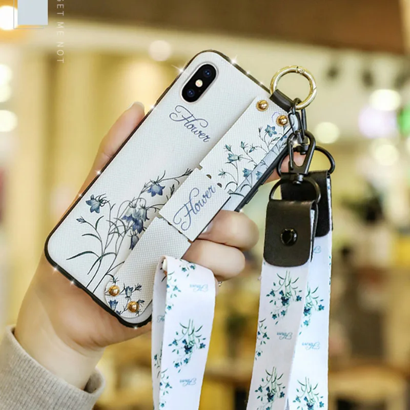 

For iphone XS MAX Fashion Flower Lanyard Stand Phone Case For iphone XS MAX Back Cover Capa For iphone XS MAX Shockproof Shell