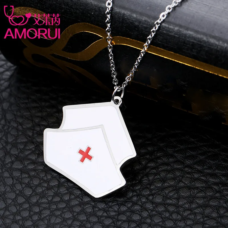 AMORUI Enamel Nurse Hat Medical Professional Necklaces & Pendants for Women Fashion Jewelry Silver-Color Choker Necklace Gift