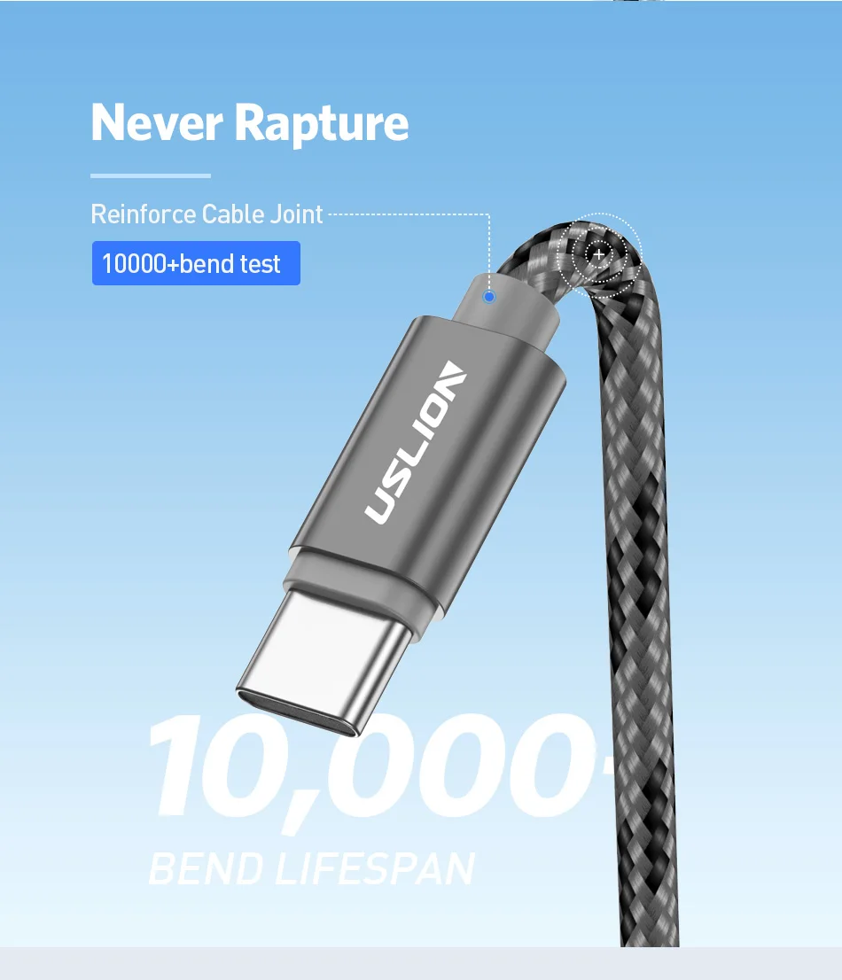 USLION USB Type C Cable Fast Charging USB C Type-C Phone Cable for Samsung Galaxy S9 S8 xiaomi mi 8 5s Nylon Braided Data Sync magnetic charger for android