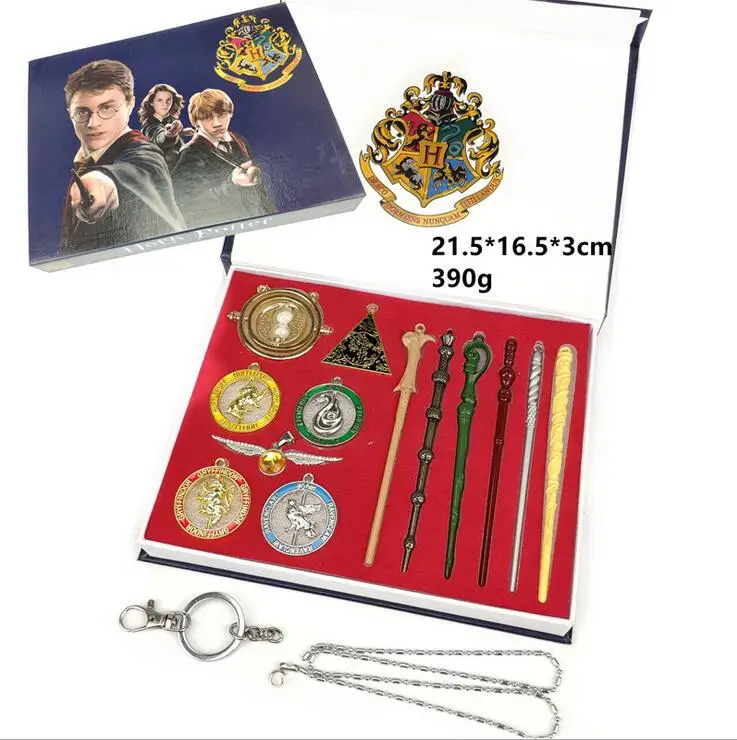 

Classical Metal Harri Potter Wands Hogwarts Badge Set Potter Dumbledore Quidditch Brooch Time Turner School Badge Keychain Toys
